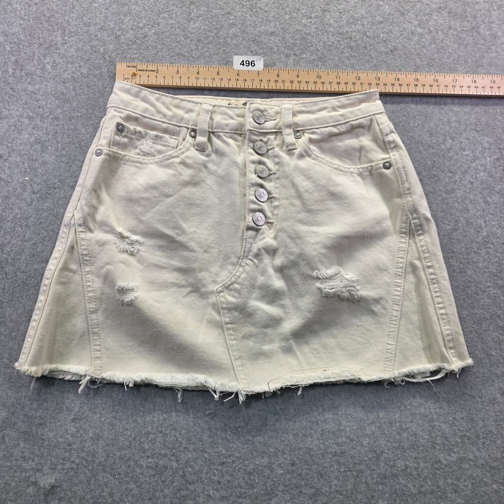 We The Free Free People‎ Cream Distressed Denim Mini Skirt Button Fly Size 25